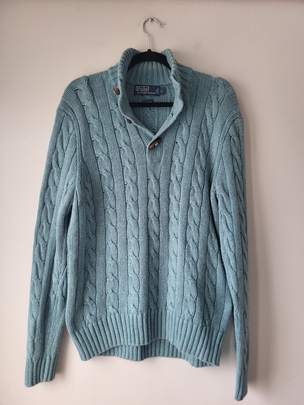 Polo by Ralph Lauren Teal Preppy Silk Cable Knit Funnel Neck Sweater